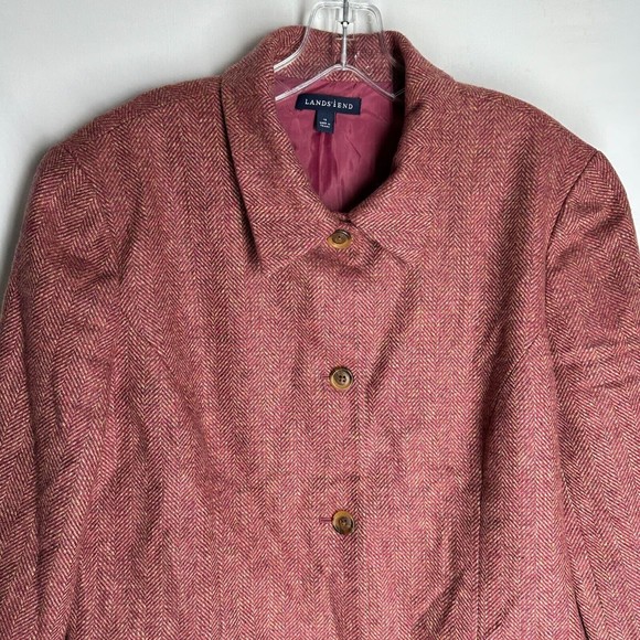 LANDS' END Womens Wool Tweed Jacket Herringbone Button Front Long Sleeve Pink 14 - Picture 4 of 8